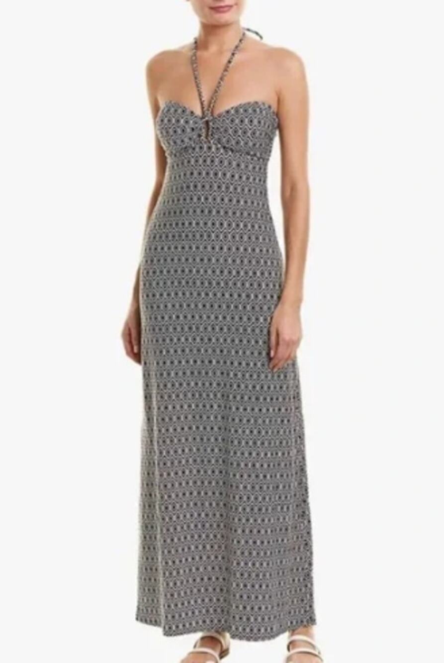 Helen Jon Strapless Geometric Maxi Dress Black White Halter Tie or Strapless Med